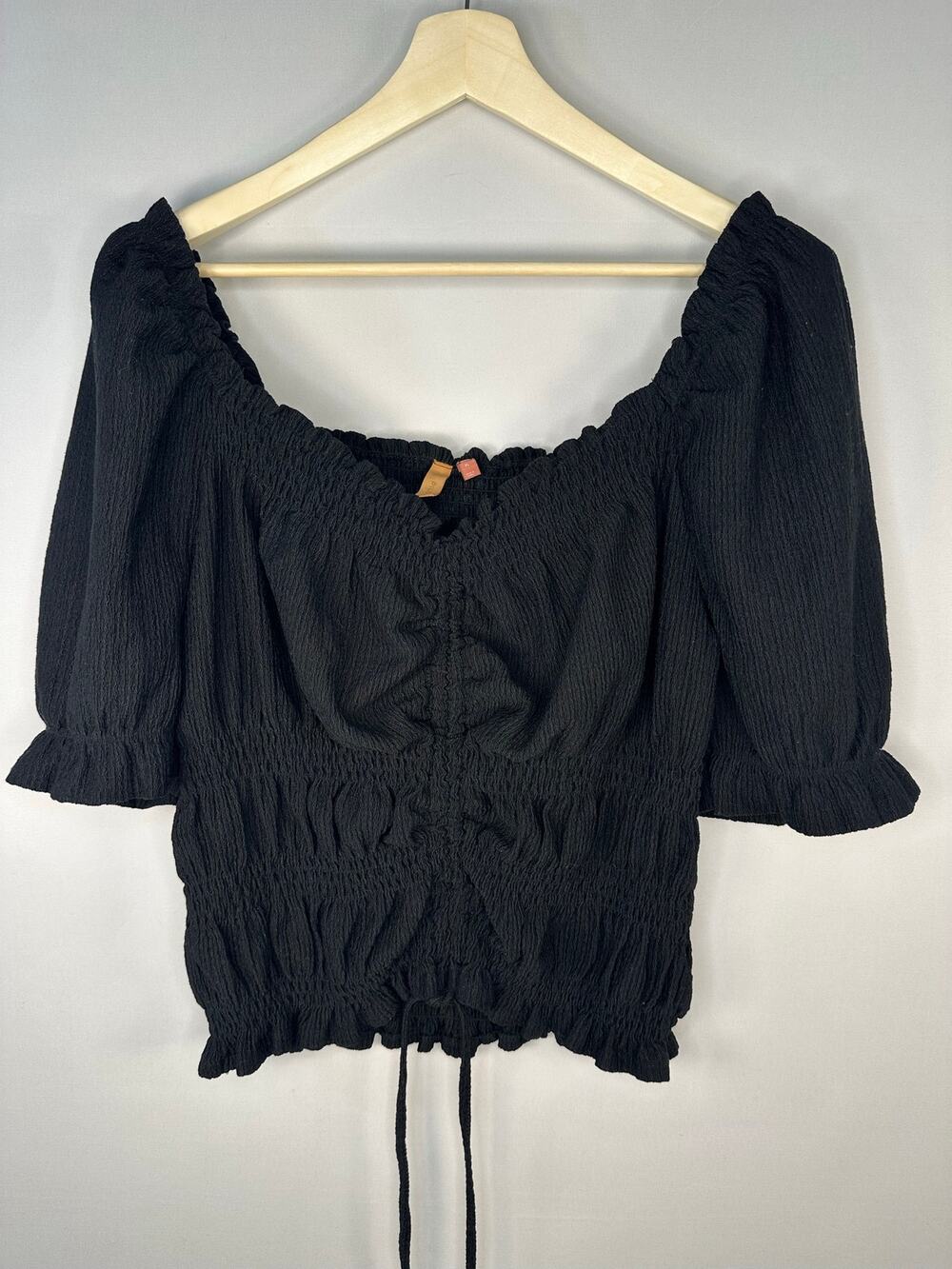 Pilcro Anthropologie Cinch Front Puff Sleeve Black Top Size XL